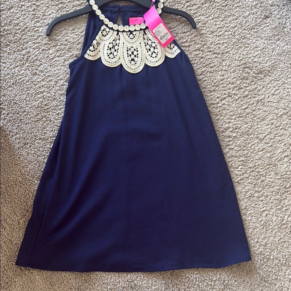 Lilly Pulitzer Navy Halter Dress with Gold Lace Bib- NWT